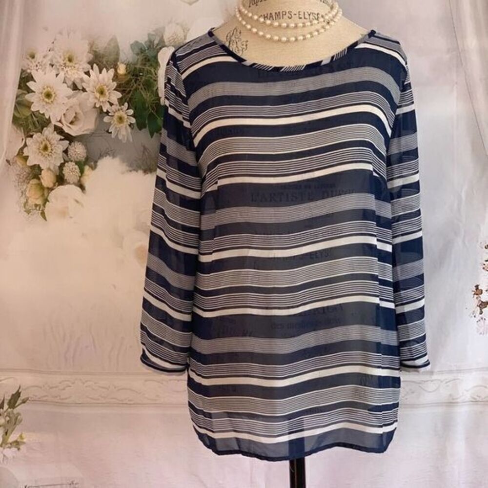 LOFT Sheer Navy Long sleeves Striped Sweater Blouse MEDIUM